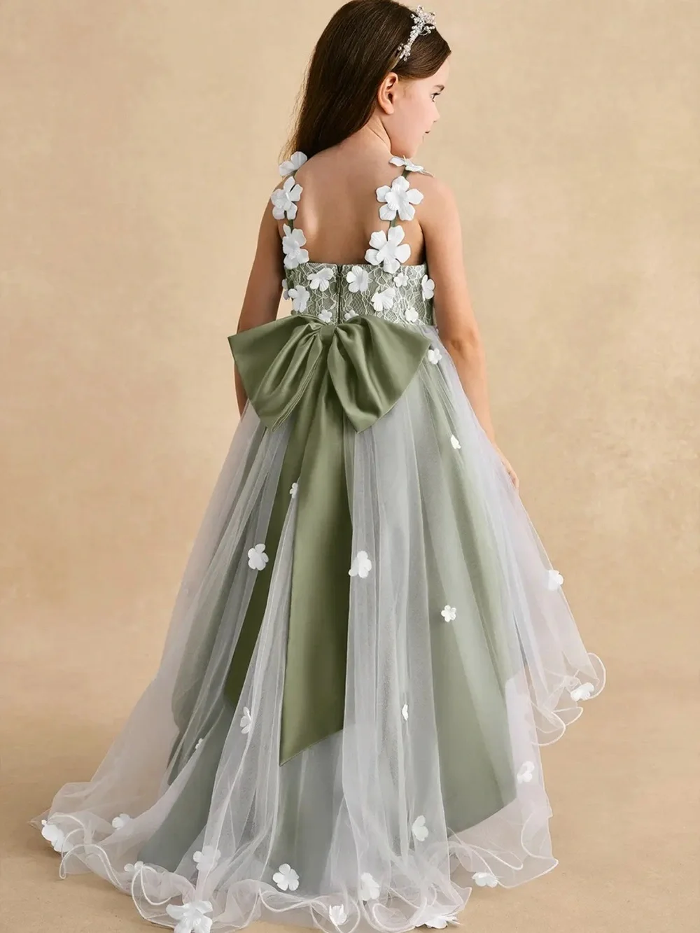 Azazie Sage Green Girls' Tulle Floral Appliqué Dress